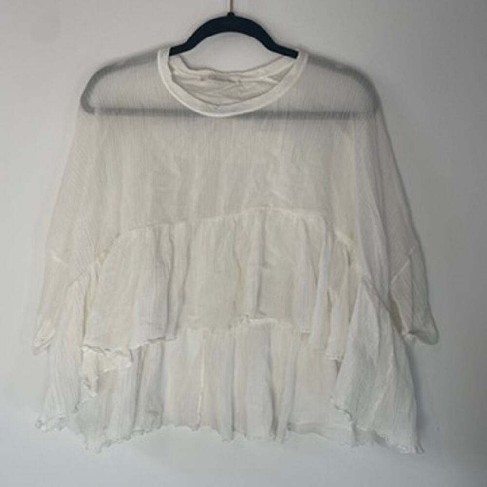 Chloe Ready to Wear White Plisse Ruffled Top Sz 42 XL 100% Cotton Blouse Gauzy